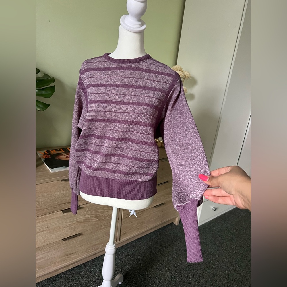 Vintage Pastel Purple Balloon Sleeve Striped Relaxed Fit Knit Modest Sweater M - Picture 2 of 16